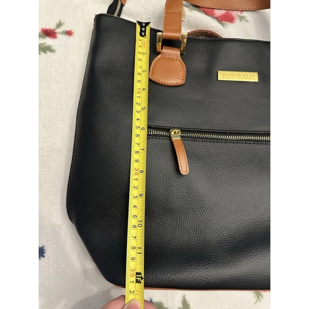 JOY & IMAN Pebbled Black Satchel Top Handle Zip Bag Brown Handles Pockets